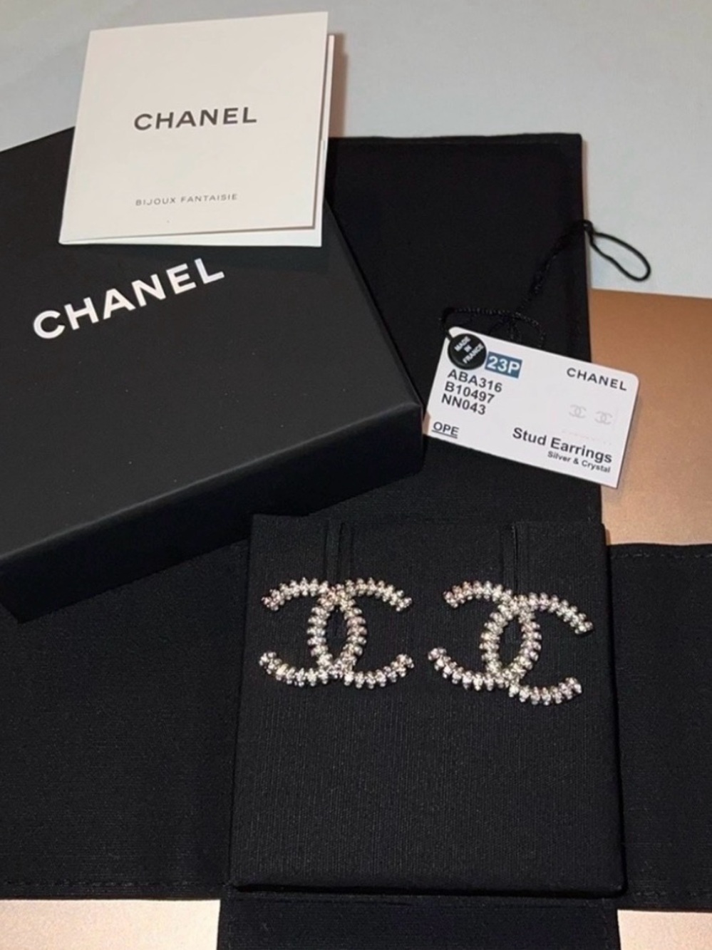 CHANEL Crystal CC Logo Stud Earrings in Silver Tone